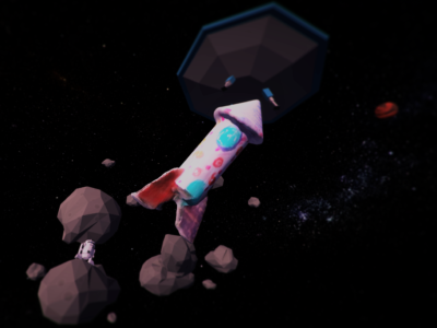 Une fusée en 3D à pois vole dans l'espace