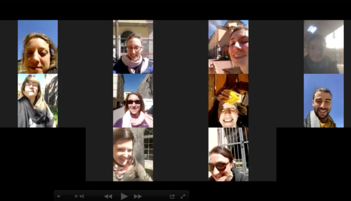 Capture d'écran d'une discussion Zoom : vignettes de visages en mosaïque